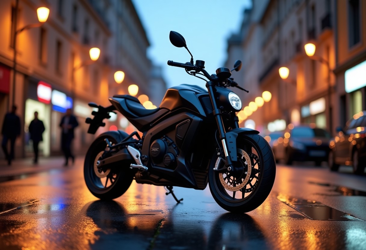 Electric motorcycle on European city street at dusk