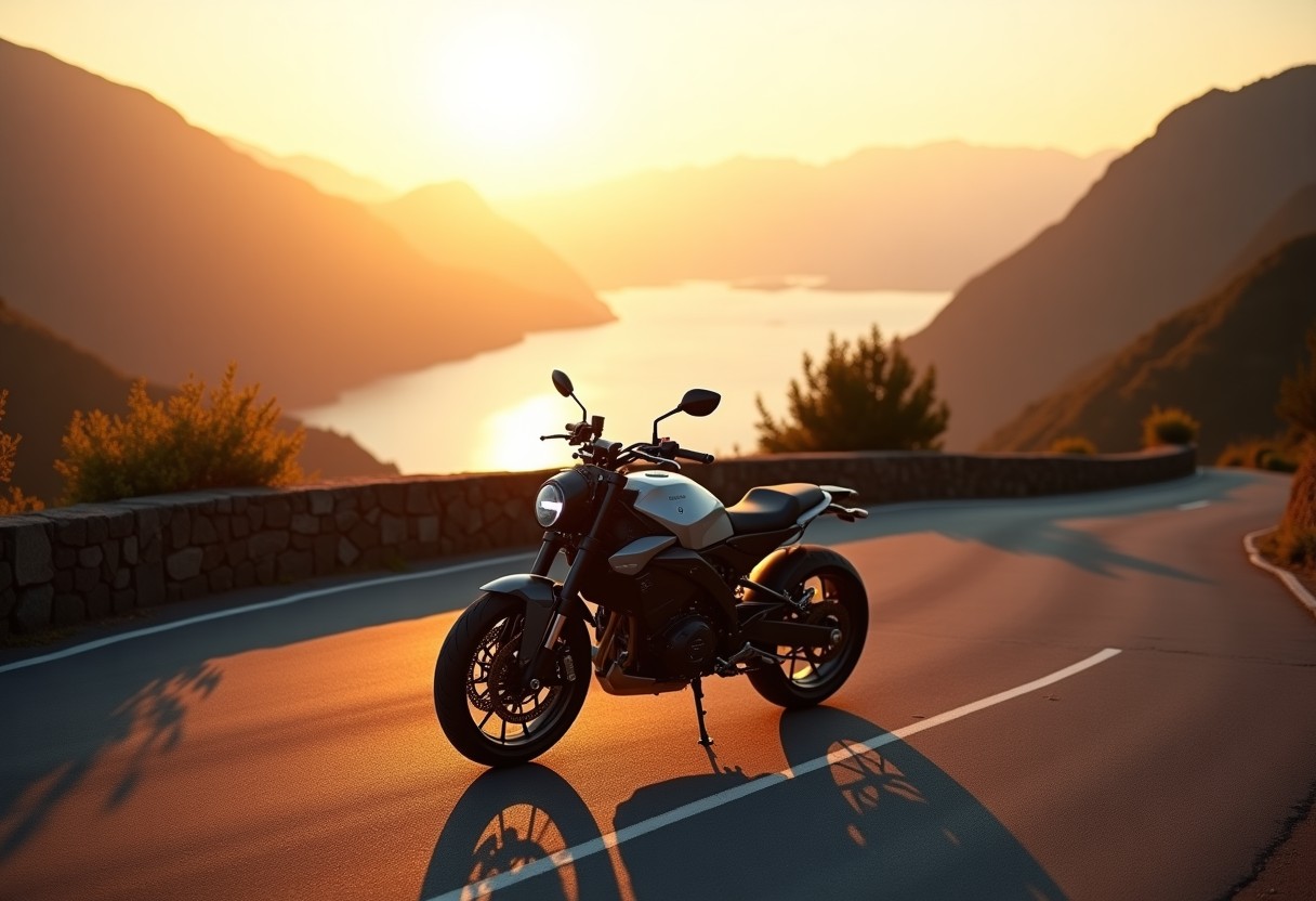 Electric motorcycle on Italian coastal road at golden hour
