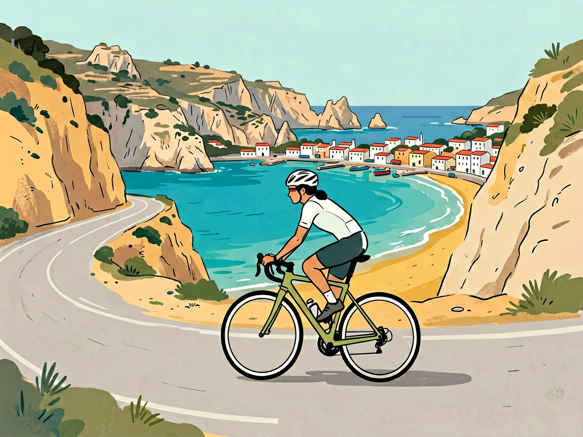Cyclist on coastal cliff road in Algarve Portugal with golden beaches and turquoise ocean below