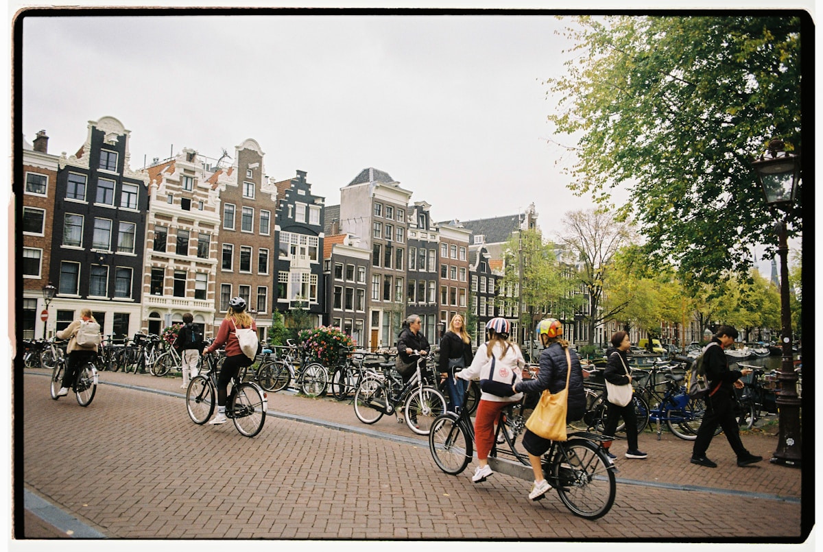 Busy bike lane in Amsterdam with commuters