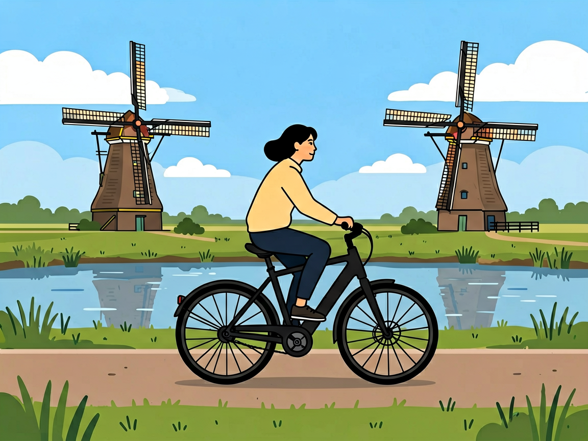 Cyclist riding along Dutch dike path with traditional windmills at Zaanse Schans Netherlands