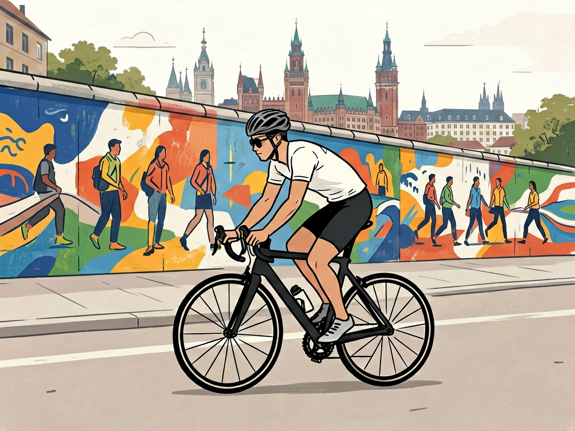 Cyclist riding along urban Berlin Wall trail with colorful East Side Gallery street art murals