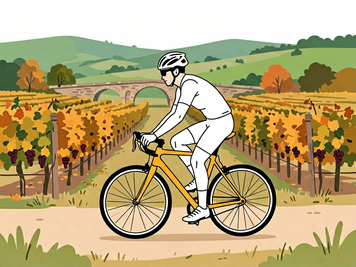Cyclist riding through Bordeaux vineyards with French wine château and stone bridge in warm autumn colors
