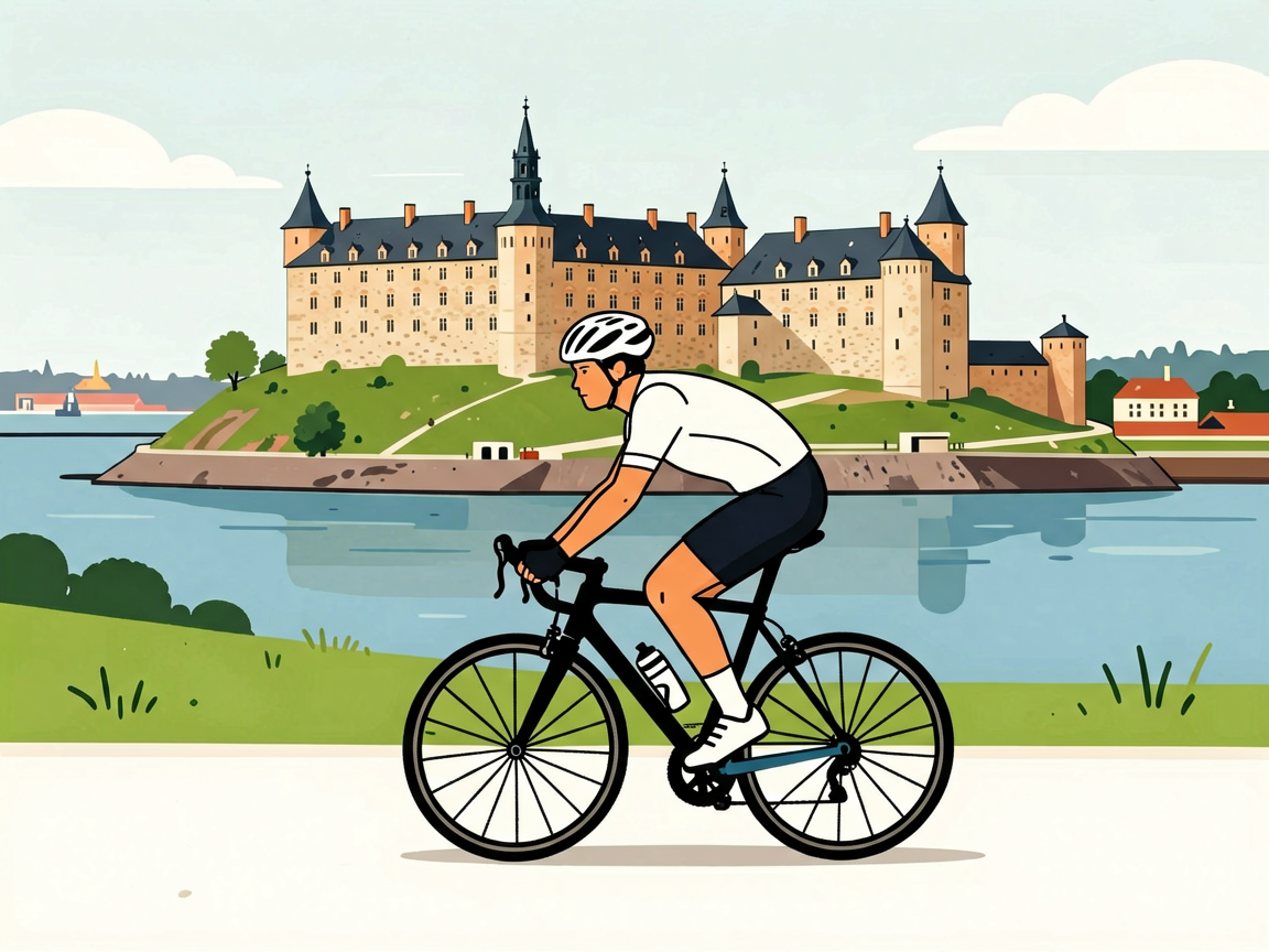 Cyclist approaching Kronborg Castle in Helsingør Denmark with Øresund strait coastal view