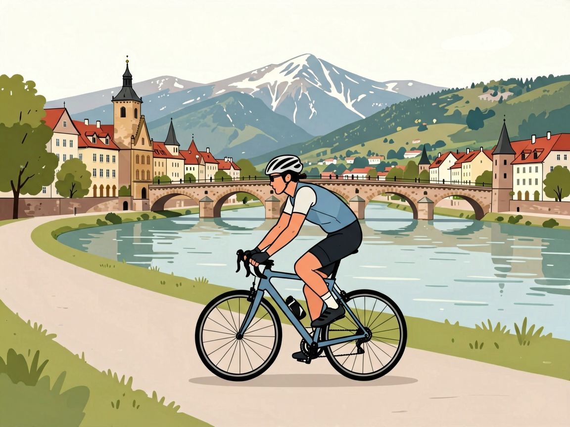 Cyclist on riverside path along Danube River in Austria with medieval town and alpine foothills