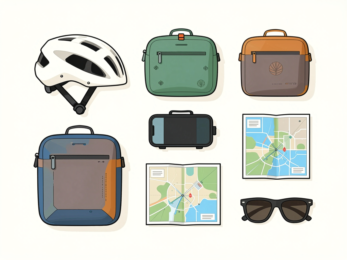 Flat lay arrangement of eBike touring essentials including helmet, pannier bags, water bottle, repair kit, and phone mount