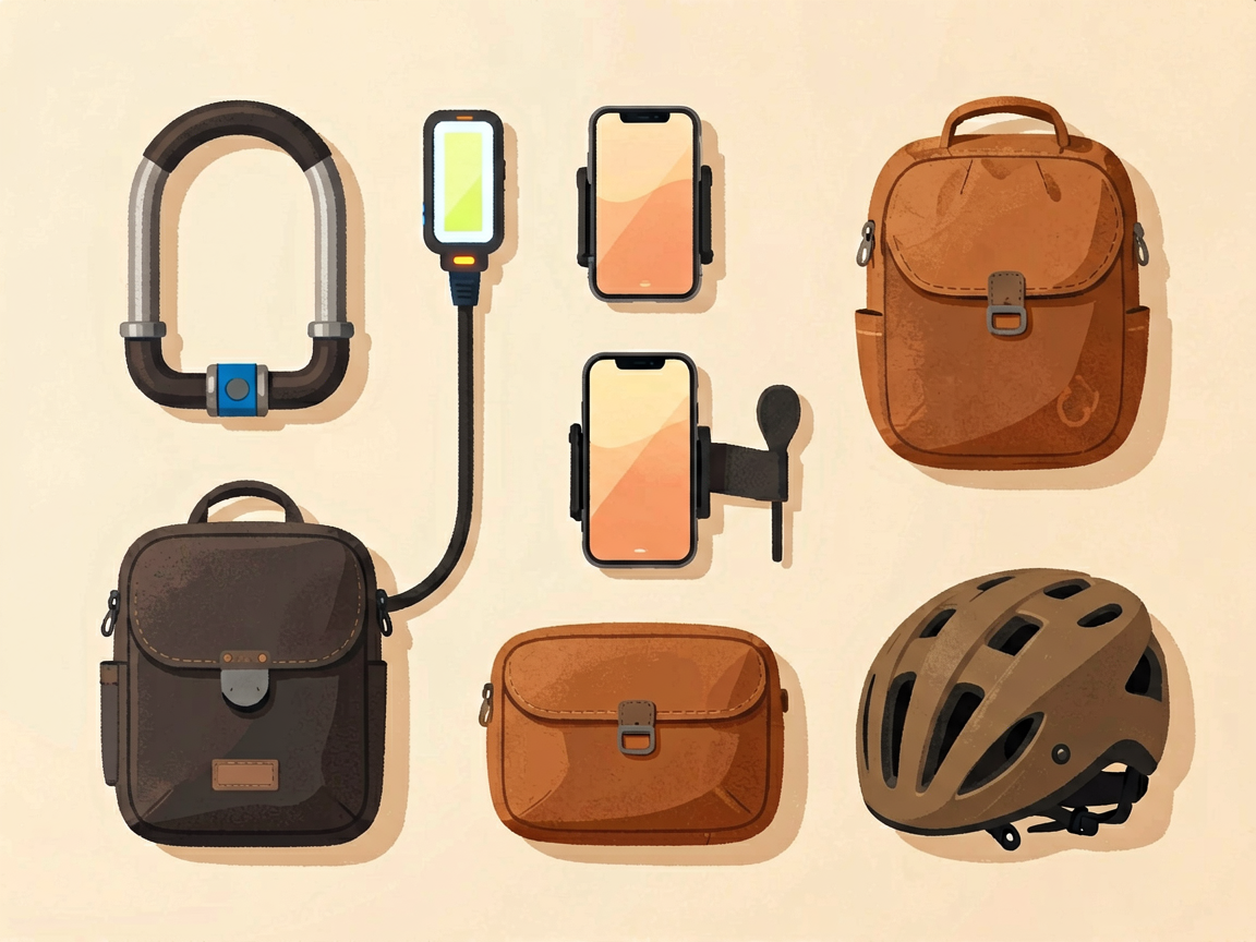 Flat lay of essential eBike accessories including lock lights phone mount and pannier bags