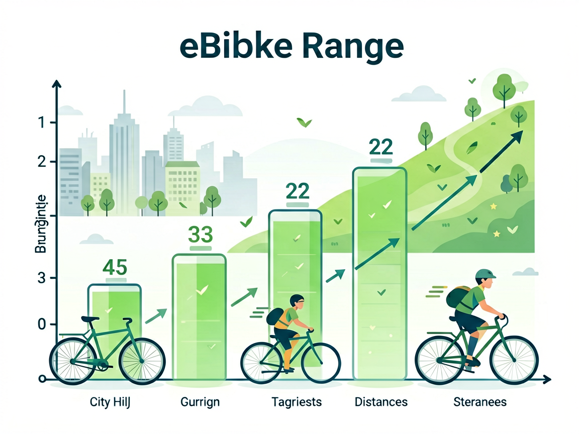 Infographic showing eBike battery range comparison with city hill and touring scenarios