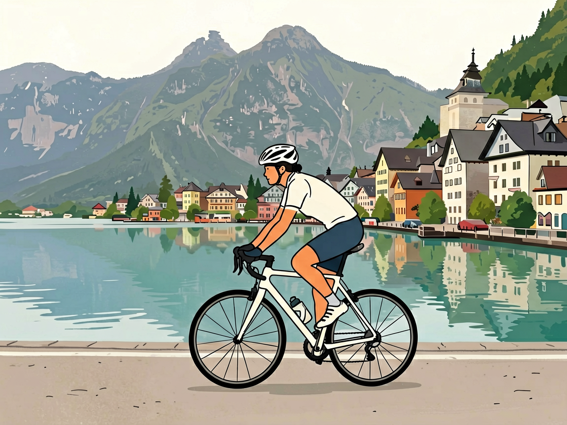 Cyclist on lakeside path at Lake Constance with Alpine mountain backdrop and medieval town