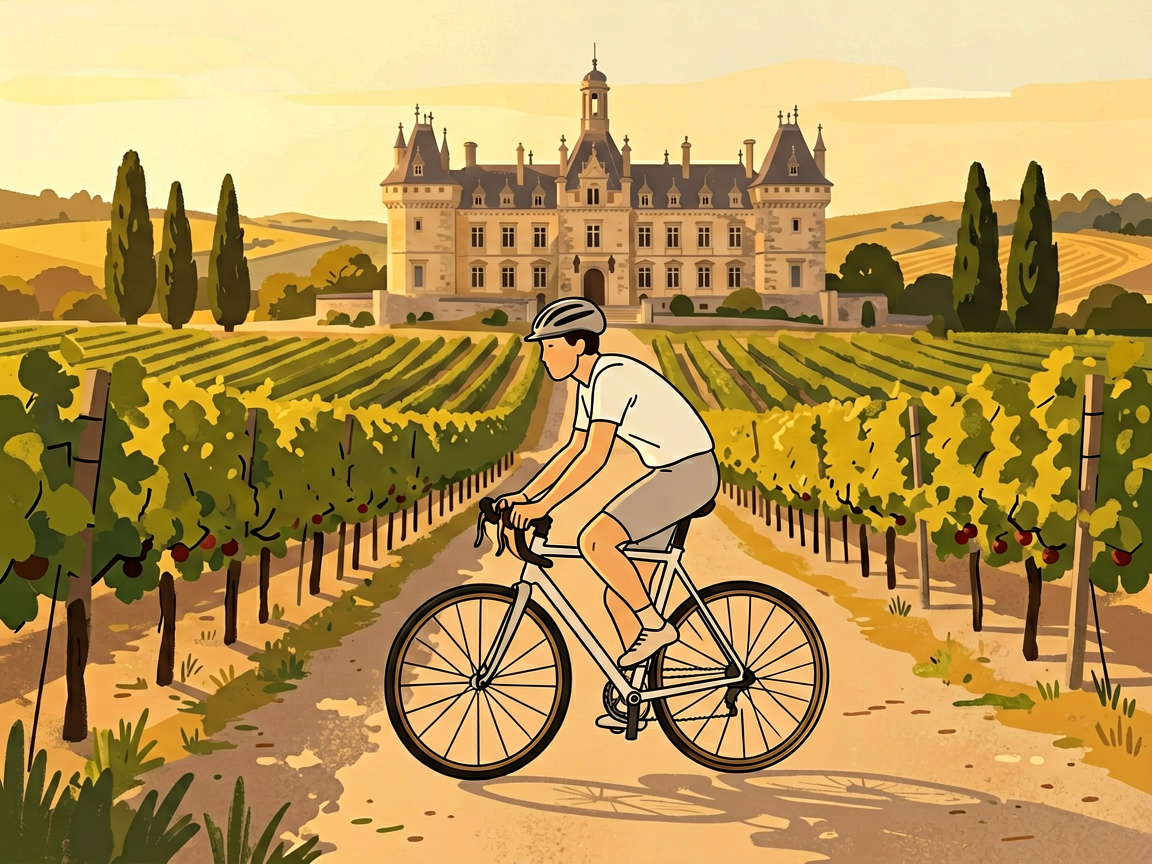 Cyclist riding through French vineyard path with grand Loire Valley château in golden afternoon light
