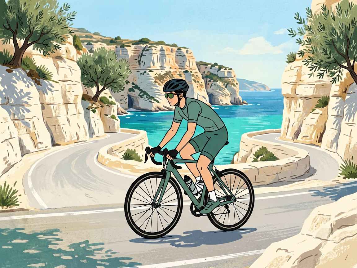 Cyclist on dramatic Mediterranean coastal road in Mallorca with limestone cliffs and turquoise sea