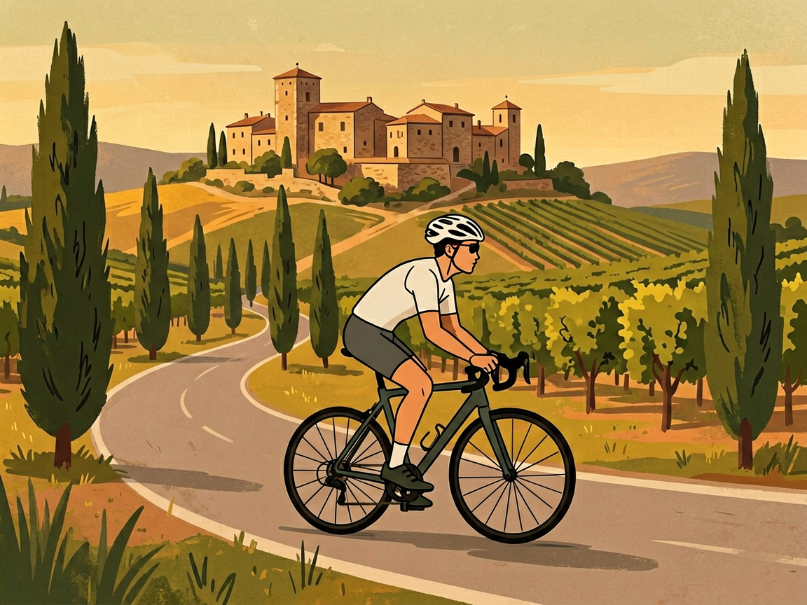 Cyclist riding through Tuscan hills with cypress tree-lined road and medieval stone village on hilltop